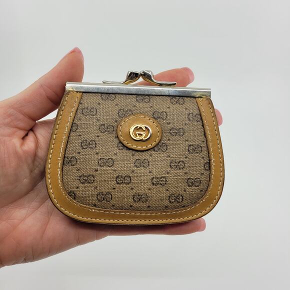 Gucci Coin Purse Vintage Kiss Clasp GG Brown Double Compartments Small - Picture 11 of 15